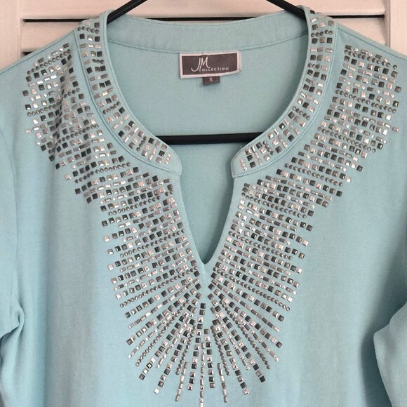 JM Collection Women Light Blue & shiny silver applications Top 3/4 lengh sleve S - Picture 3 of 3